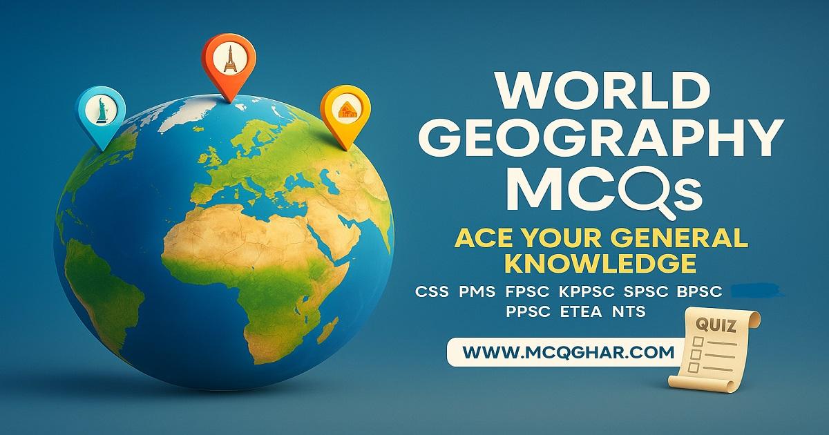 A world map highlighted with pins on various geographical locations relevant to the MCQs.